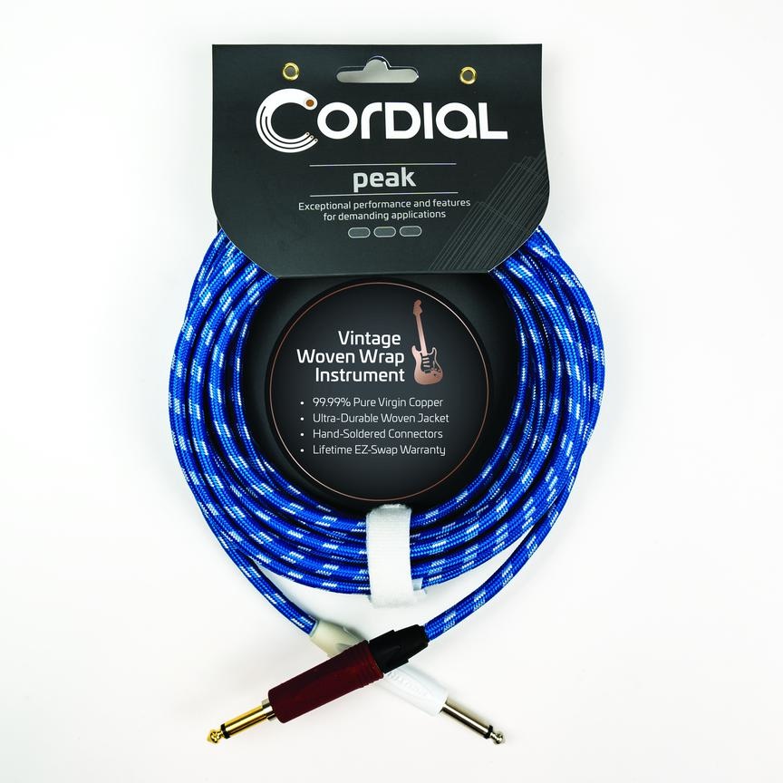 Cordial Cables Premium Instrument White/Blue Sky Textile Cable with Neutrik Silent Plug, Peak Series - 10-Foot Cable, 1/4" to 1/4" Straight Phone Plugs, No-Fray Sleeve