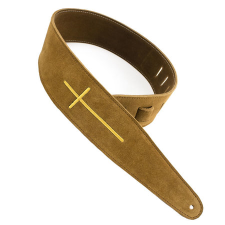 Henry Heller 2.5" Brown Velvety Suede Guitar/Bass Strap with Embroidered Cross (Worship, Christian, Religious)