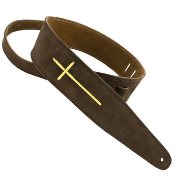 Henry Heller 2.5" Chocolate Velvety Suede Guitar/Bass Strap with Embroidered Cross (Worship, Christian, Religious)