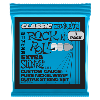 Ernie Ball 3255 Extra Slinky Classic Rock n Roll Pure Nickel Wrap Electric Guitar Strings 8-38 Gauge - 3 Pack