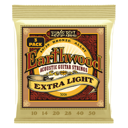 Ernie Ball 3006 Extra Light Earthwood 80/20 Bronze Acoustic Guitar Strings 10-50 Gauge - 3 Pack