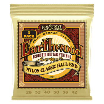 Ernie Ball 3069 Earthwood 80/20 Bronze Nylon Ball End Folk/Classical Guitar Strings - Clear & Gold - 3 Pack