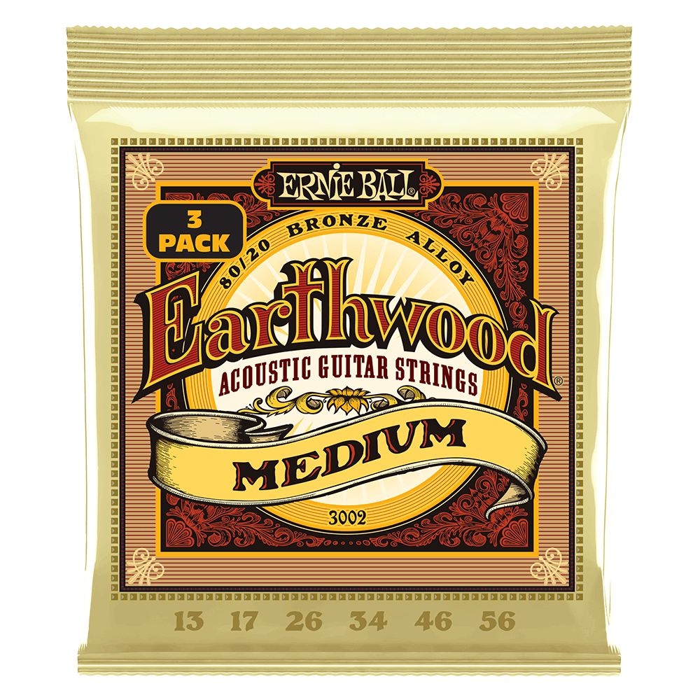 Ernie Ball 3002 Medium Earthwood 80/20 Bronze Acoustic Guitar Strings 13-56 Gauge - 3 Pack