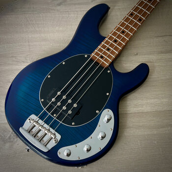 Sterling by Music Man Stingray RAY34FM  Flame Maple 4-String Bass, Neptune Blue