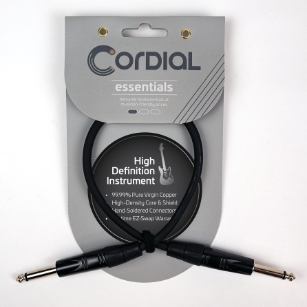 Cordial Cables Instrument/Guitar Cable with Neutrik Style Connectors (REAN), Essential Series - 1/4" TS to 1/4" TS Straight (1-Foot Black Cable)
