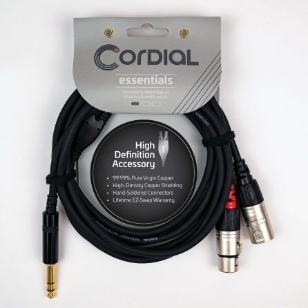 Cordial Cables Y Adapter (Black), Essentials Series - 1/4" Stereo TRS to Left/Right Female XLR Mono Plugs, 10-Foot Cable