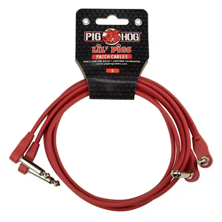 Pig Hog Lil Pigs 3-Foot Low Profile Flat Patch Cables, 2-Pack, Candy Apple Red