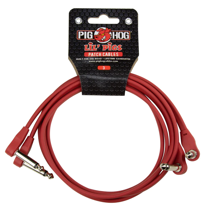 Pig Hog Lil Pigs 3-Foot Low Profile Flat Patch Cables, 2-Pack, Candy Apple Red