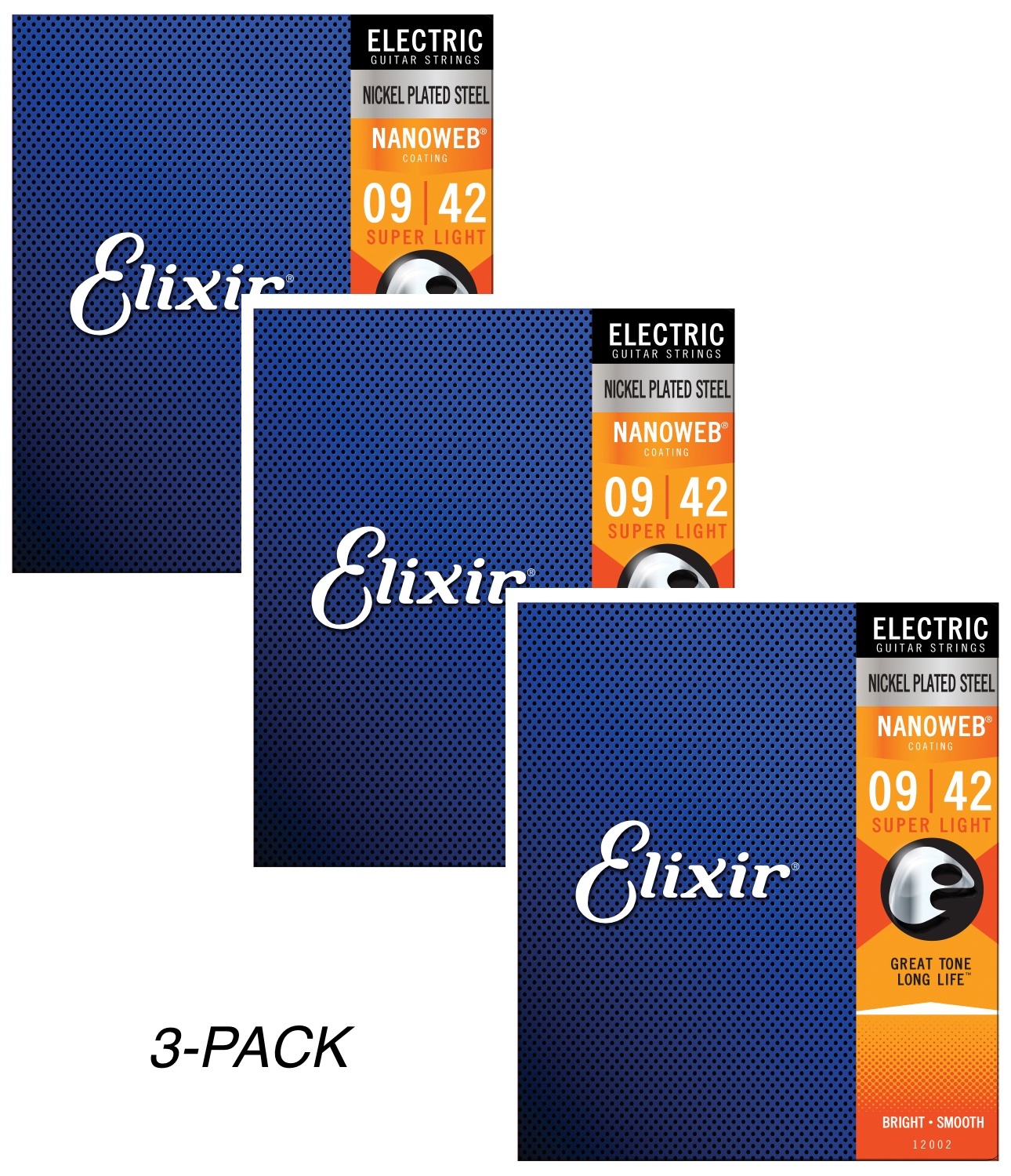 3-Pack of Elixir 12002 Nickel Plated Steel Electric Guitar Strings with NANOWEB. Super Light 9-42