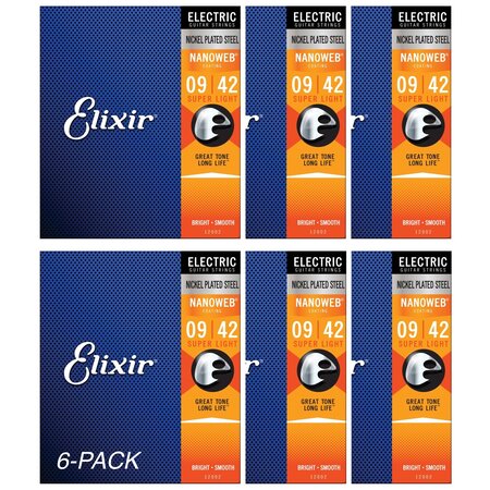 6-Pack of Elixir 12002 Nickel Plated Steel Electric Guitar Strings with NANOWEB. Super Light 9-42