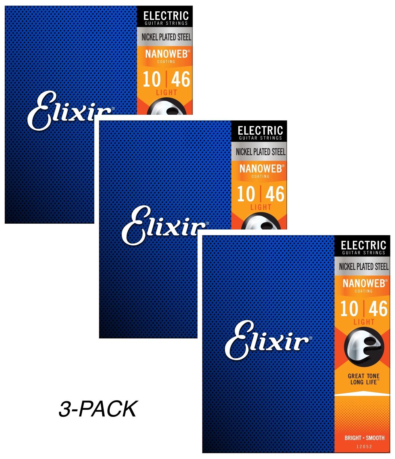 3-Pack of Elixir 12052 Nickel Plated Steel Electric Guitar Strings with NANOWEB. Light 10-46