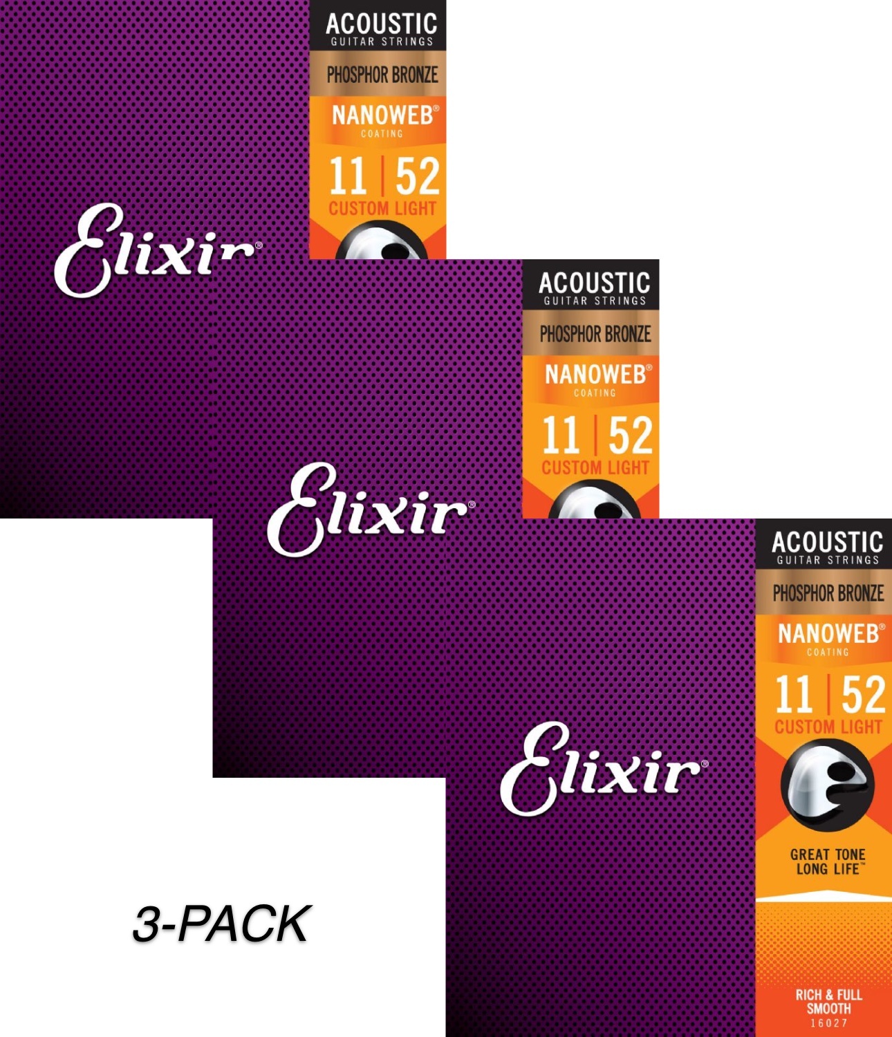 3-Pack of Elixir 16027 Phosphor Bronze Acoustic Guitar Strings with NANOWEB. Custom Light 11-52 single