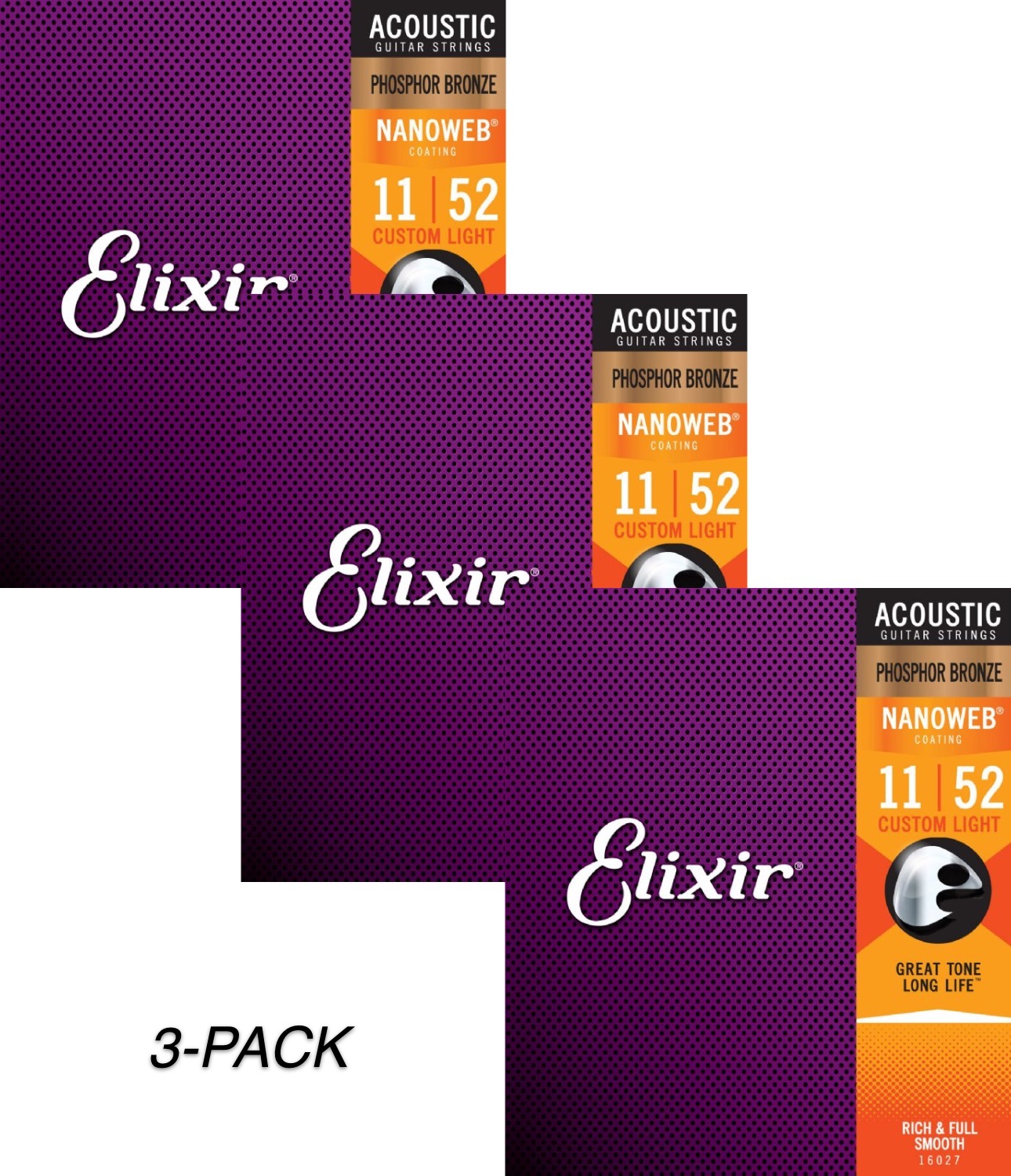 3-Pack of Elixir 16027 Phosphor Bronze Acoustic Guitar Strings with  NANOWEB. Custom Light 11-52 single