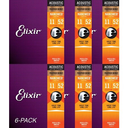 6-Pack of Elixir 16027 Phosphor Bronze Acoustic Guitar Strings with NANOWEB. Custom Light 11-52 single