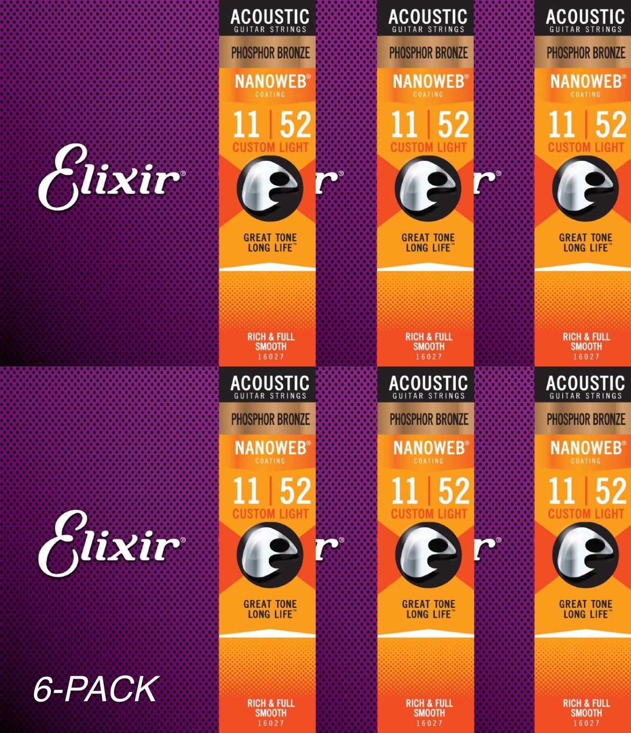 6-Pack of Elixir 16027 Phosphor Bronze Acoustic Guitar Strings with NANOWEB. Custom Light 11-52 single