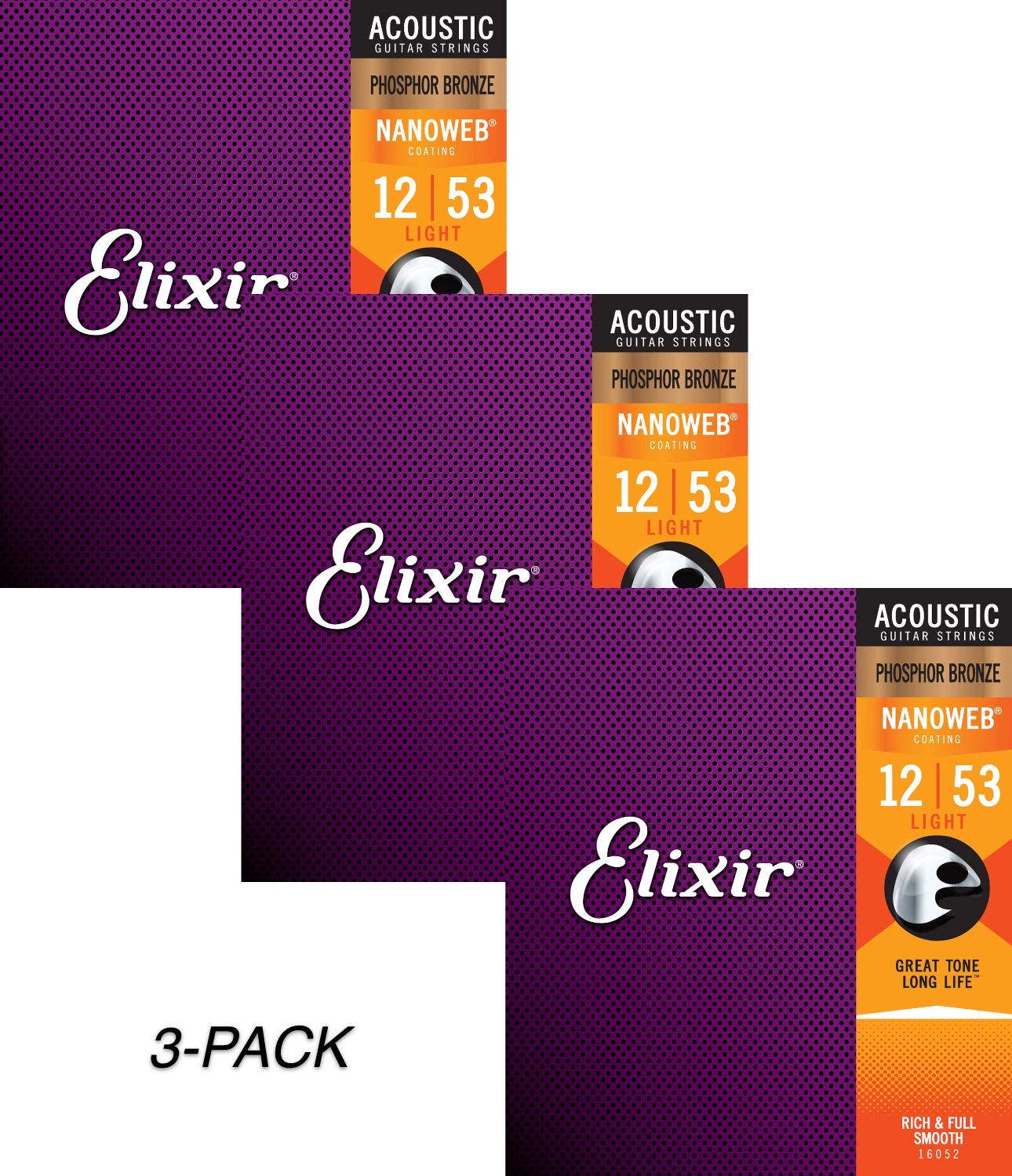 3-Pack of Elixir 16052 Phosphor Bronze Acoustic Guitar Strings with NANOWEB. Light 12-53