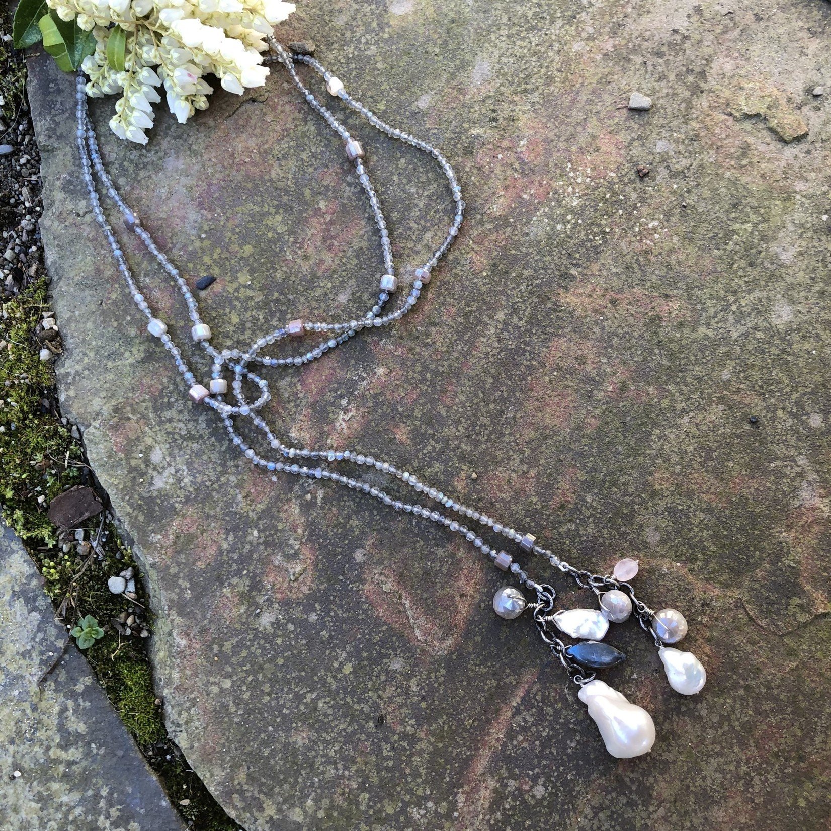 SoMe So Me Designs | Draped in Beauty Necklace. 50 inches long with Baroque Pearls, labradorite, Silverite, Moonstone, Quartz