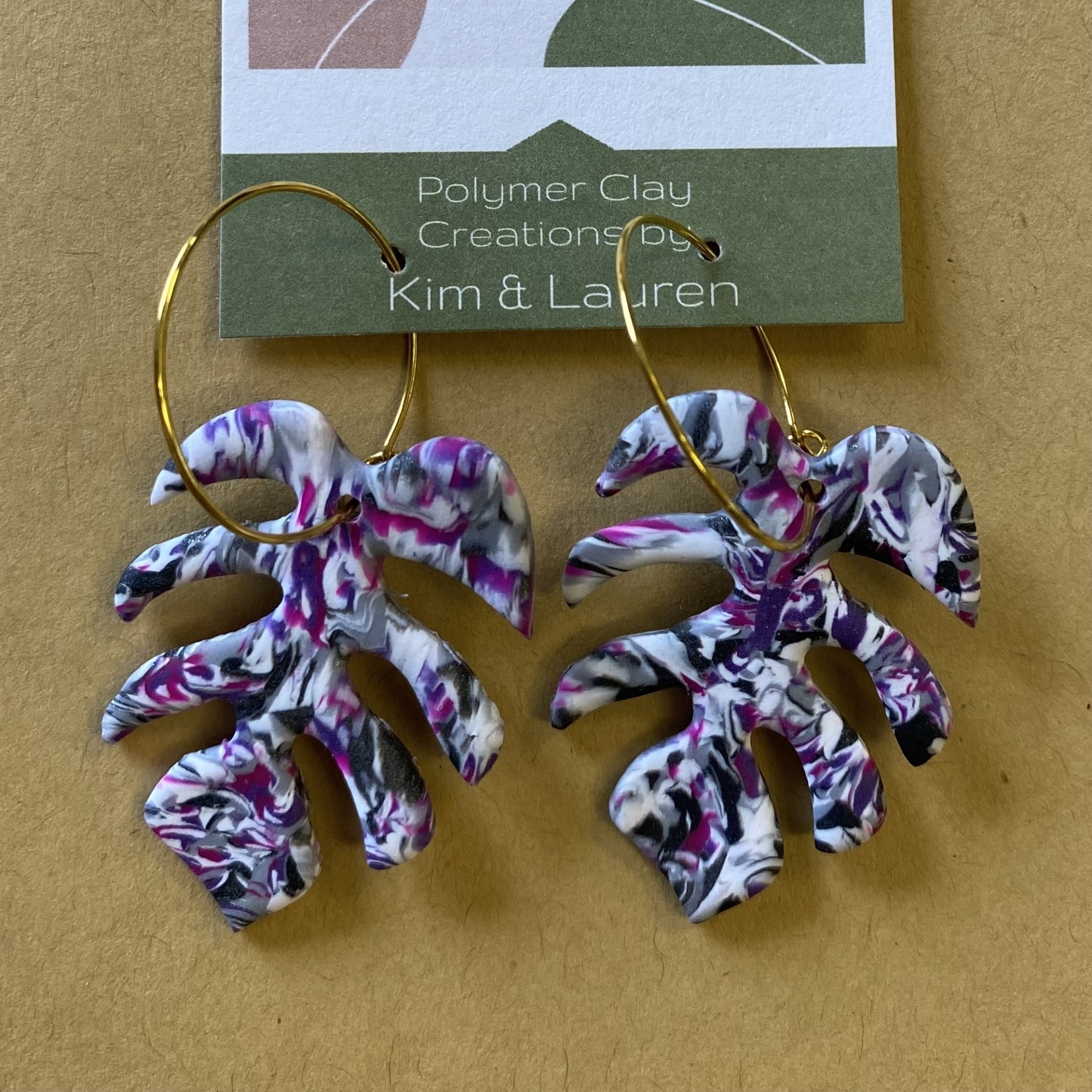lauren Romagnola 5B Jewelry | Leaf Dangle Purple, grey, white swirl Pattern