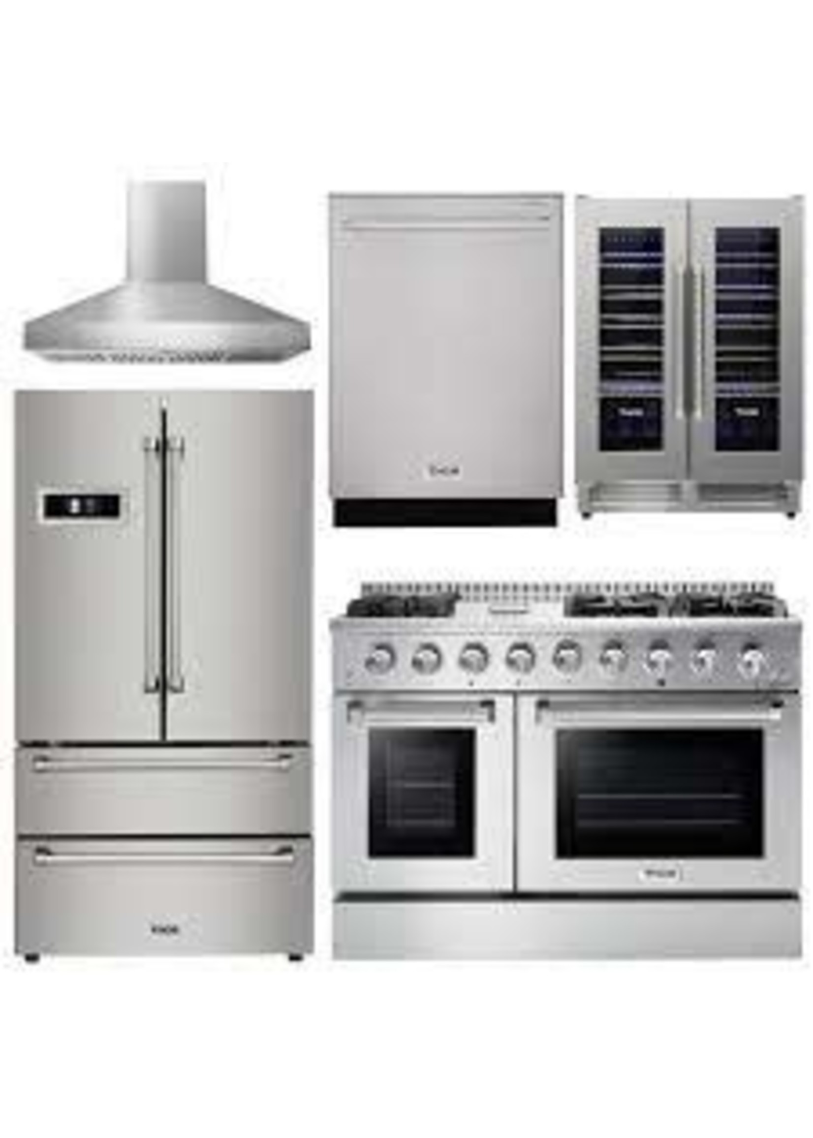 THOR KITCHEN Thor Kitchen Professional Package - 48 in. Gas Range, Range Hood, Refrigerator, Dishwasher, Wine Cooler