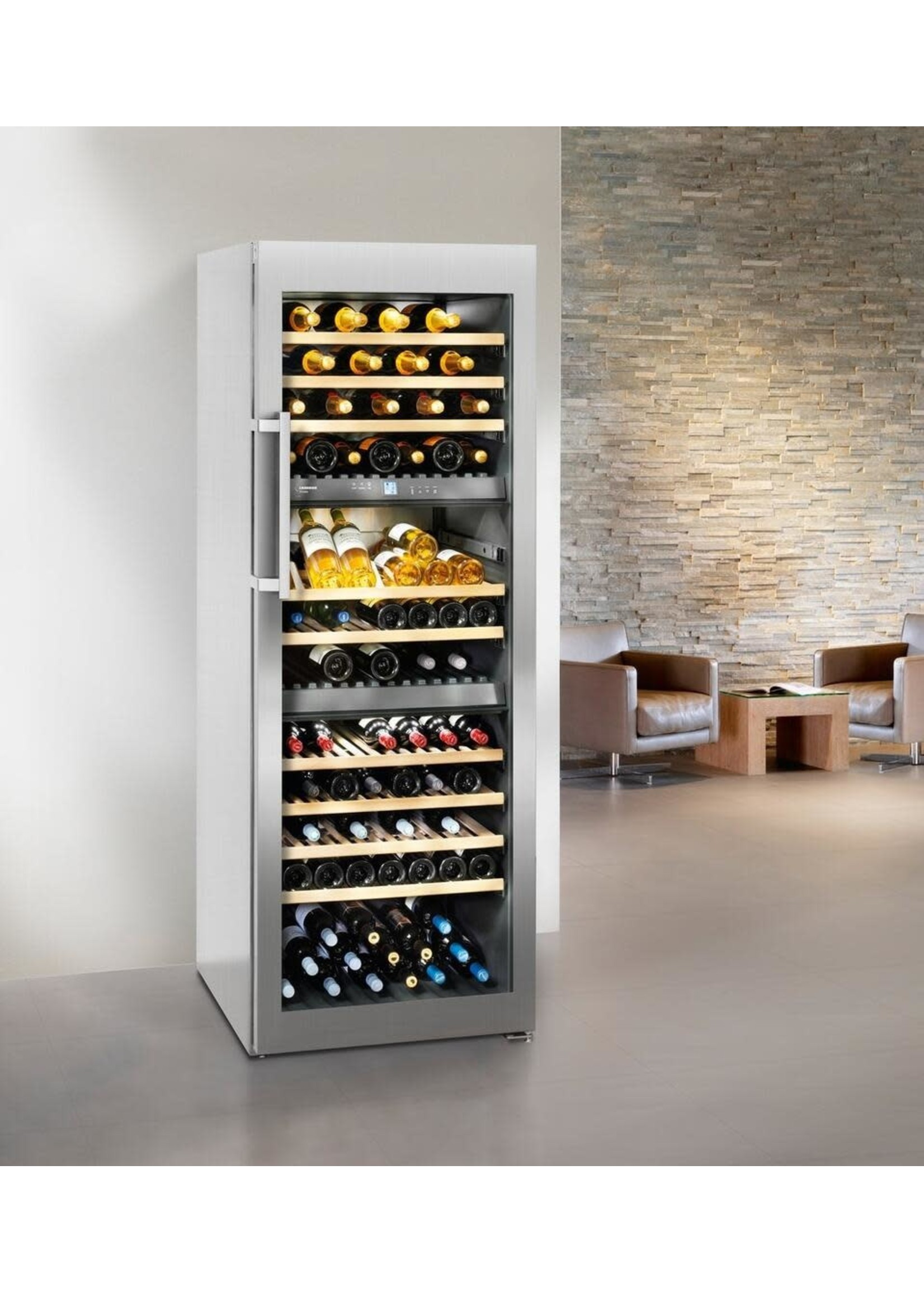LIEBHERR LIEBHERR 26 Inch Freestanding Wine Cabinet with 178 Bottle Capacity, 10 Telescopic Wood Shelves and 3 Temperature Zones -Liebherr
