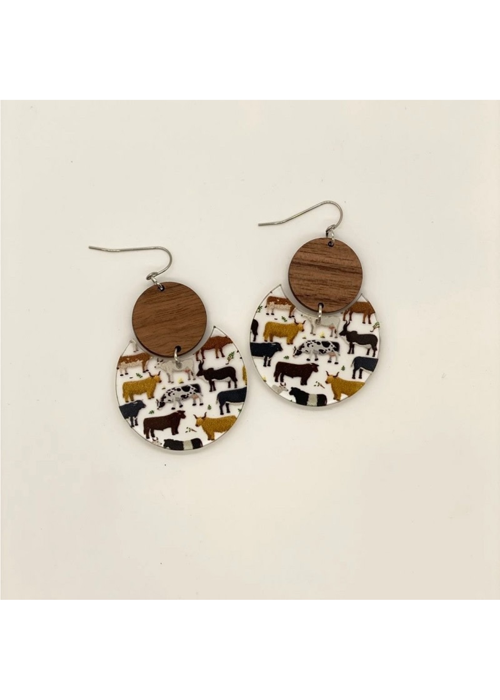 Holly & Liz Cows/Wood Circle Earrings