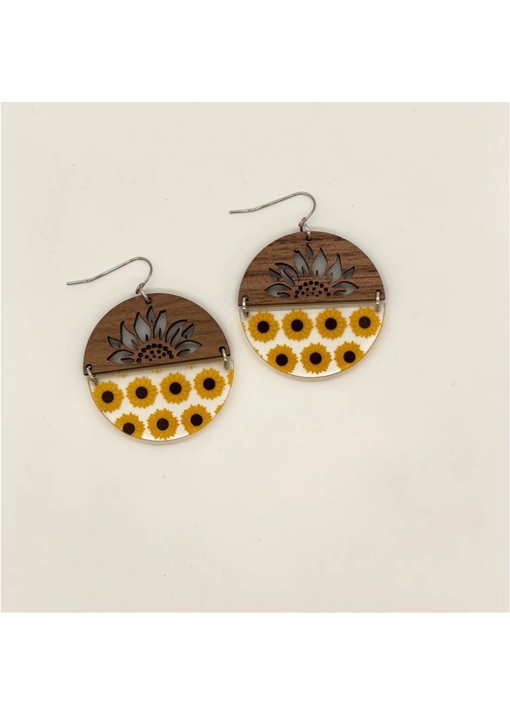 Holly & Liz Sunflower/Wood Half Circle Earrings