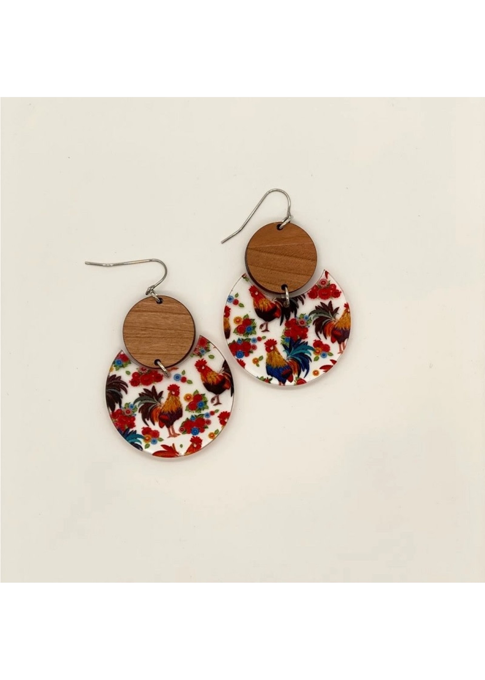 Holly & Liz Roosters and Wood Circle Earrings