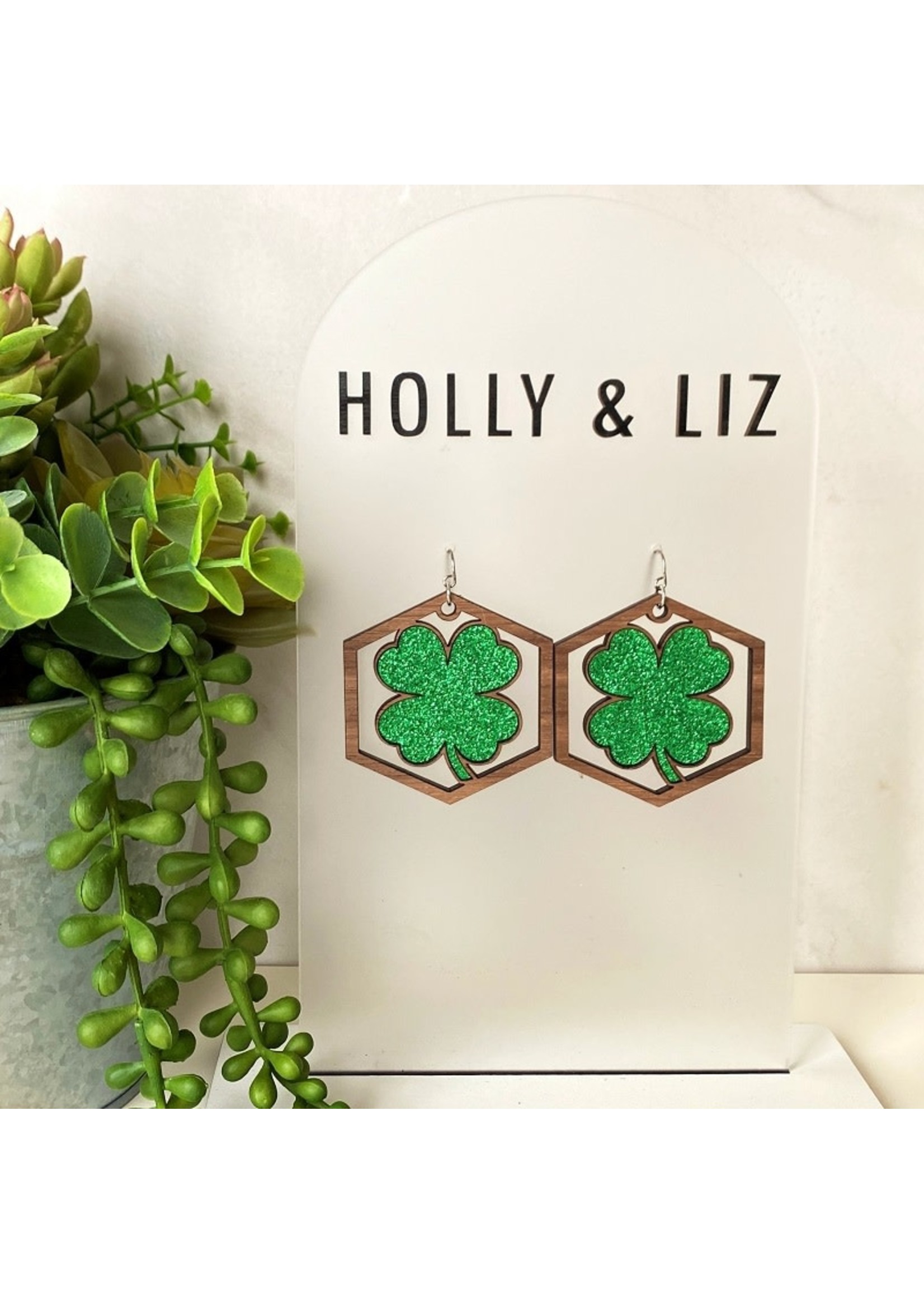 Holly & Liz Hexagon Cork Shamrock Earring - Walnut