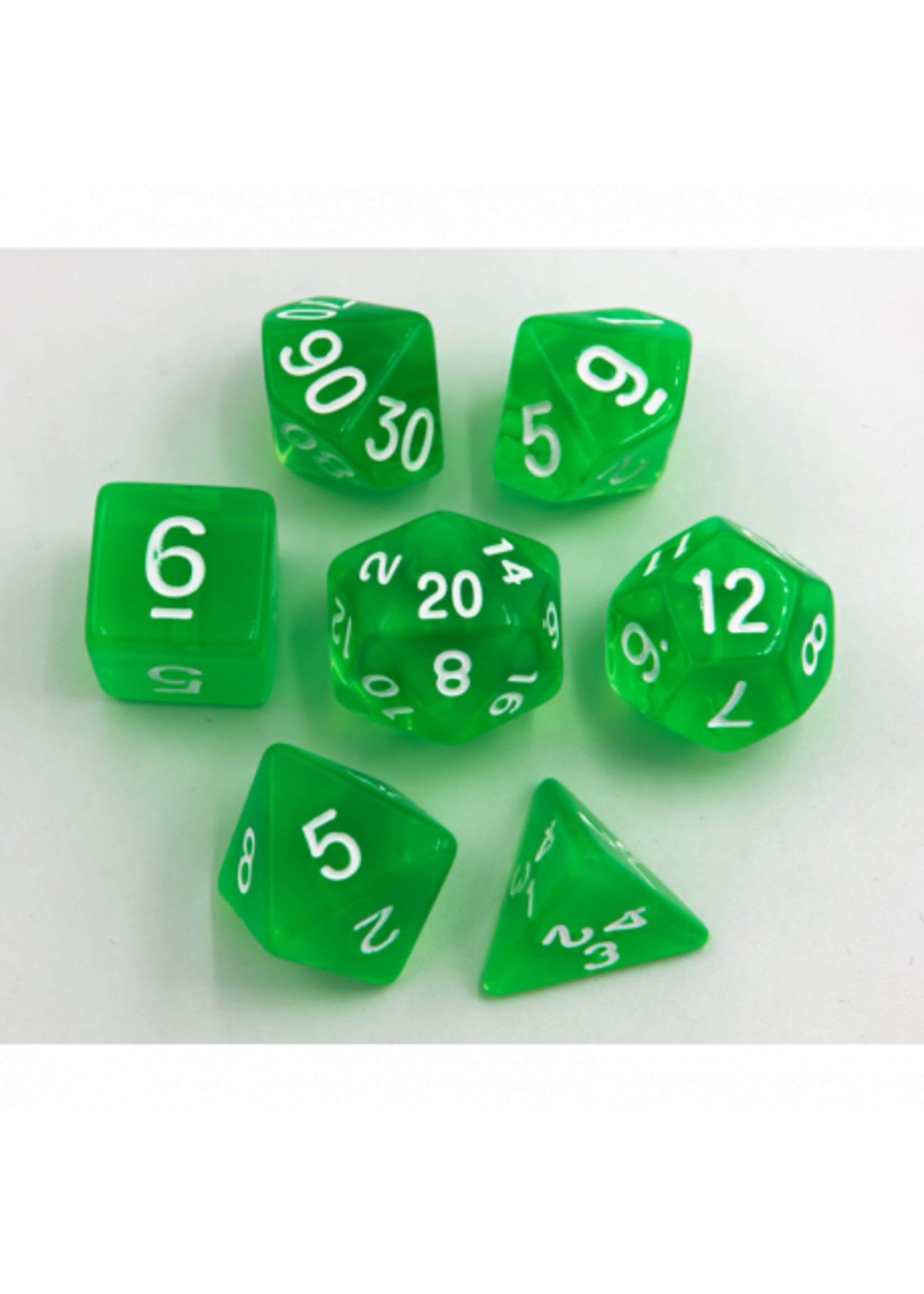 Critical Hit Green Set of 7 Transparent Polyhedral Dice with White Numbers for D20 based RPG's