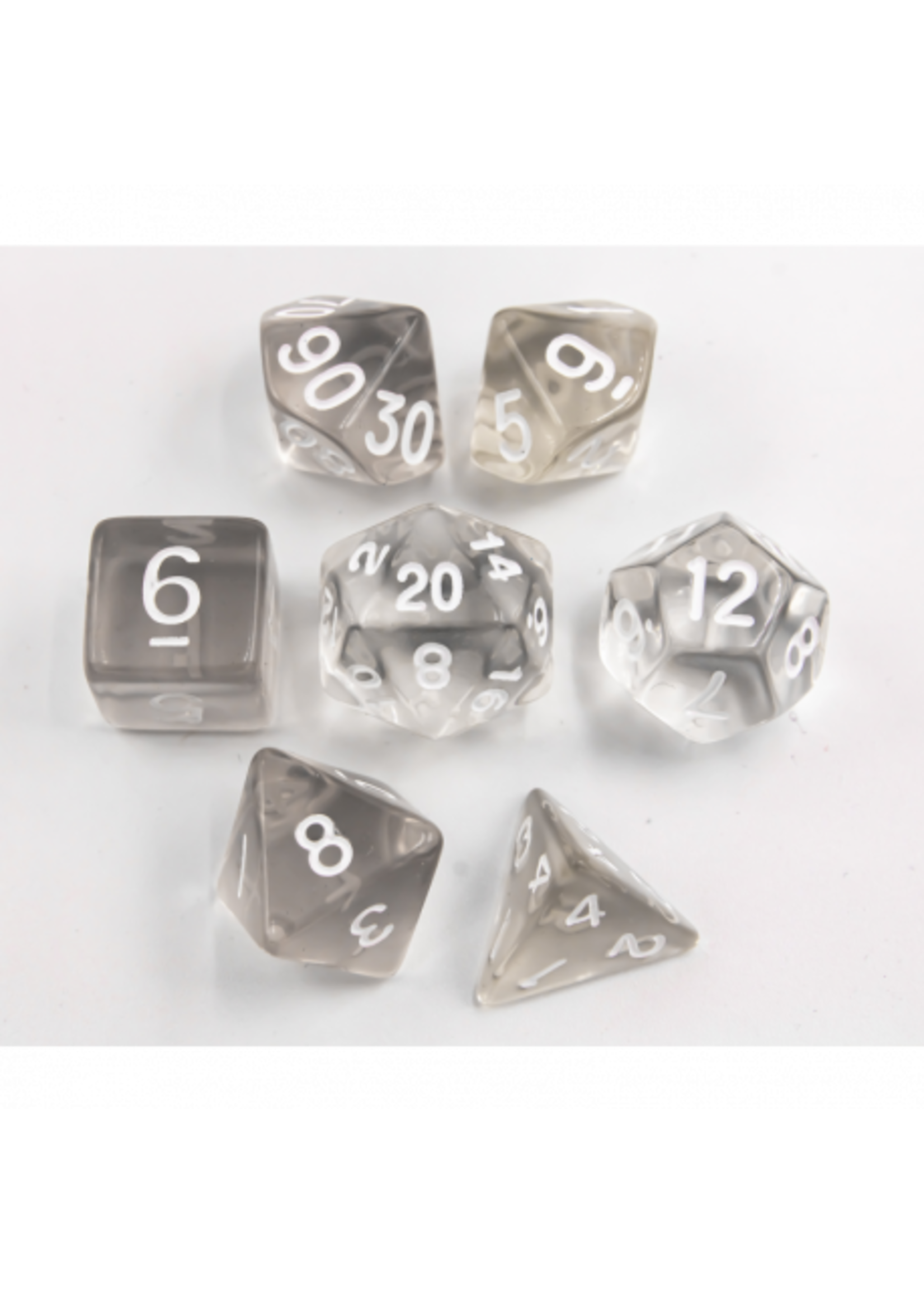 Critical Hit White Set of 7 Transparent Polyhedral Dice with White Numbers for D20 based RPG's