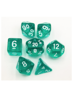 Critical Hit Teal Set of 7 Transparent Polyhedral Dice with White Numbers for D20 based RPG's