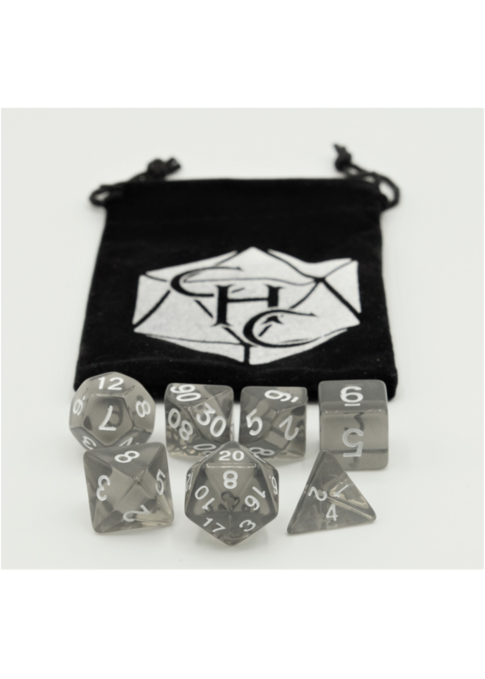 Critical Hit Black Set of 7 Transparent Polyhedral Dice with White Numbers for D20 based RPG's