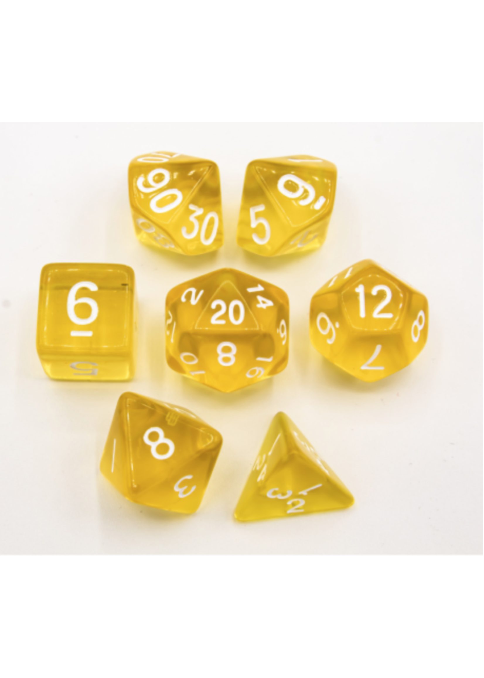 Critical Hit Yellow Set of 7 Transparent Polyhedral Dice with White Numbers for D20 based RPG's