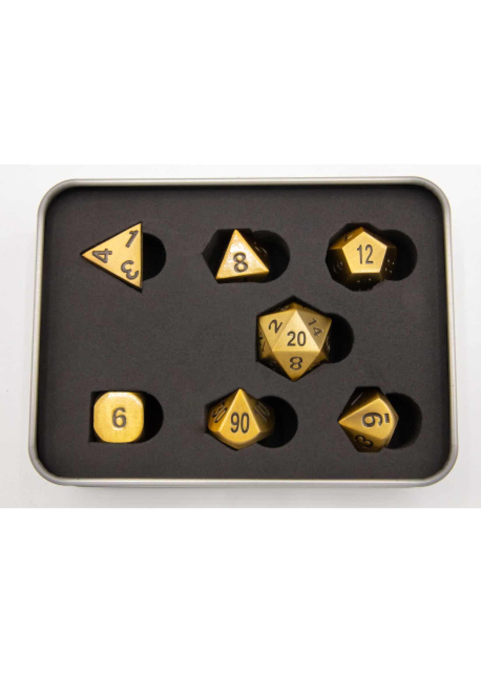 Critical Hit Shiny Gold Set of 7 Metal Polyhedral Dice with Black Numbers for D20 based RPG's