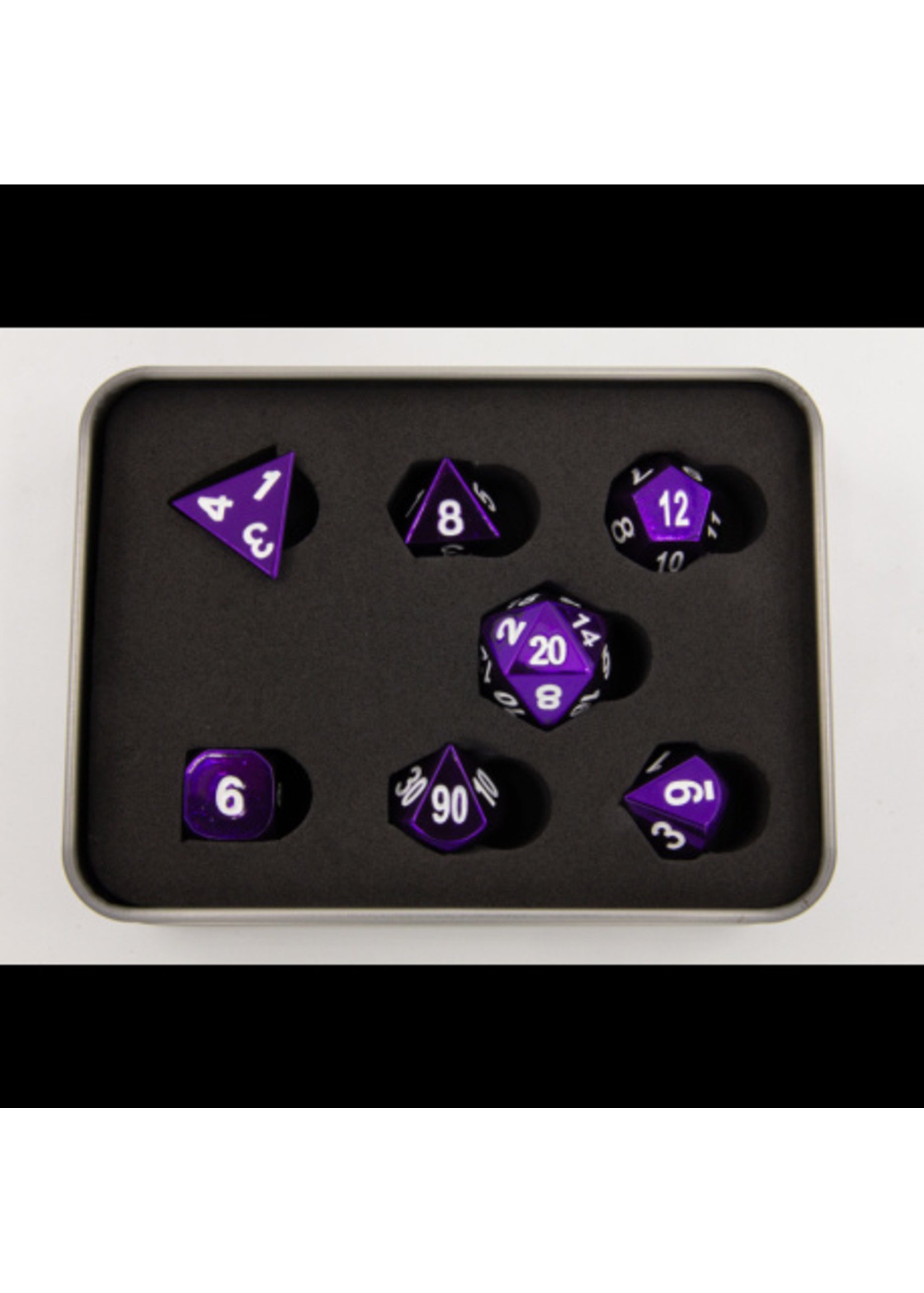 Critical Hit Purple Set of 7 Metal Polyhedral Dice with White Numbers for D20 based RPG's