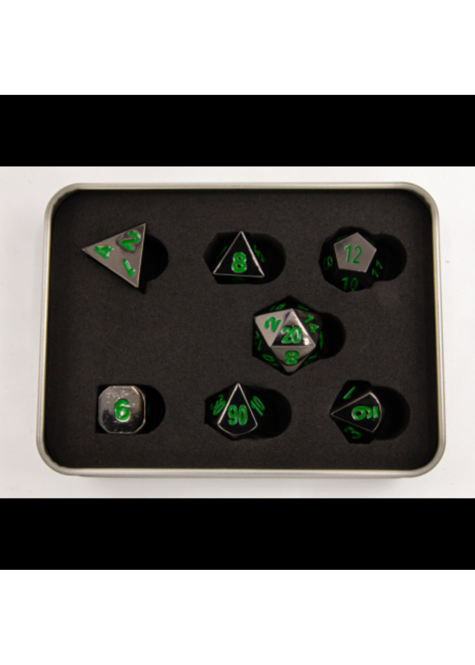 Critical Hit Gunmetal Set of 7 Metal Polyhedral Dice with Green Numbers for D20 based RPG's