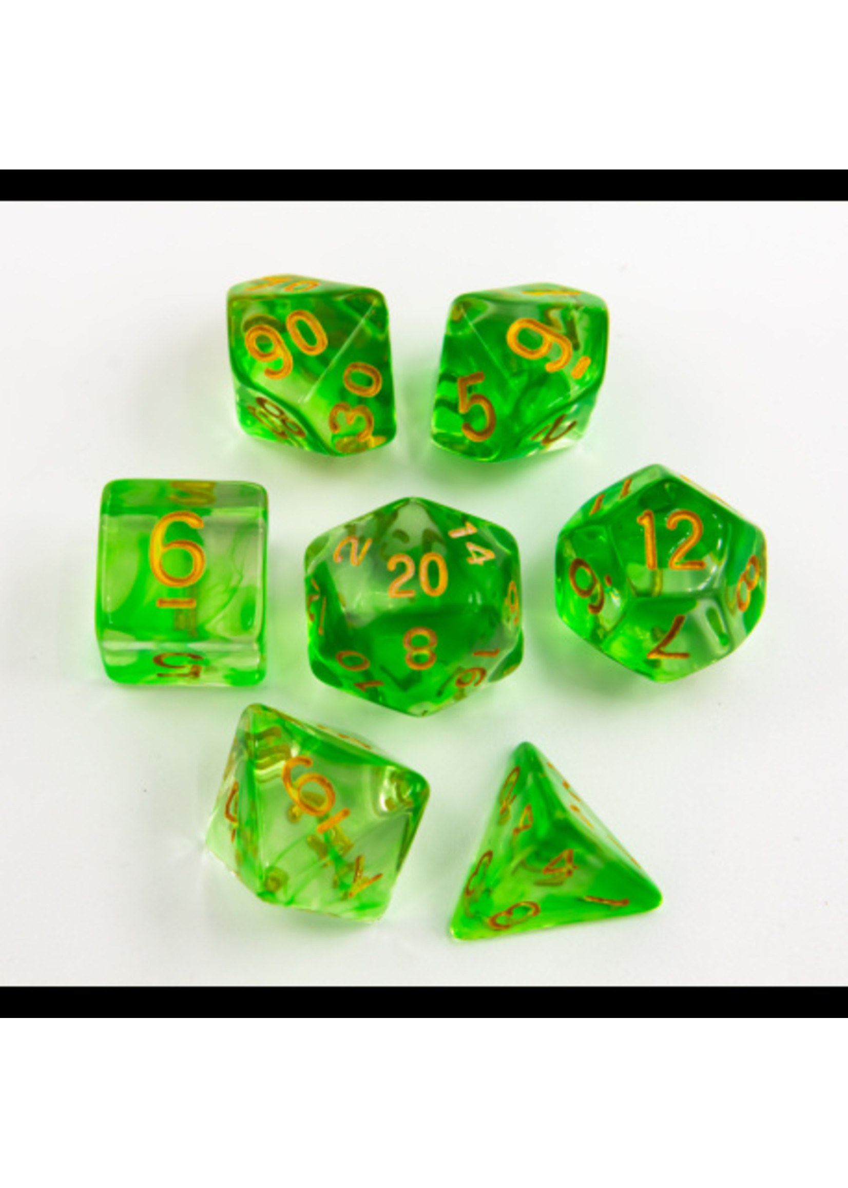 Critical Hit Green Set of 7 Nebula Polyhedral Dice with Gold Numbers for D20 based RPG's