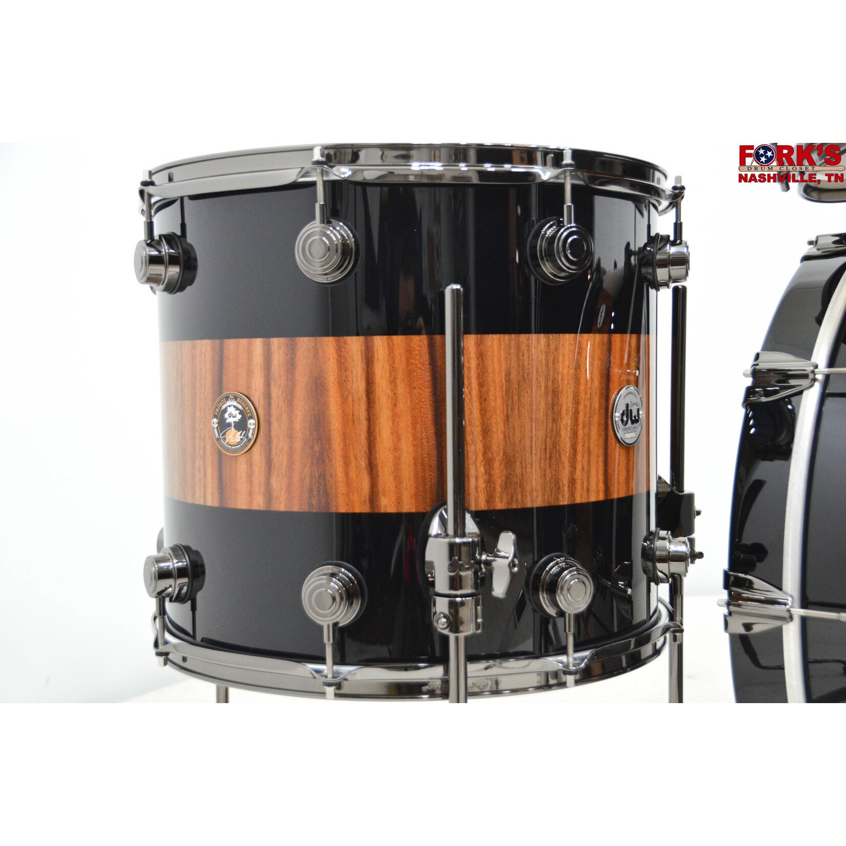 DW Pre-Owned DW Collector's Exotic 4pc Drum Kit - "Rally Stripe over Monkey Pod" w/ Black Nickel Hardware