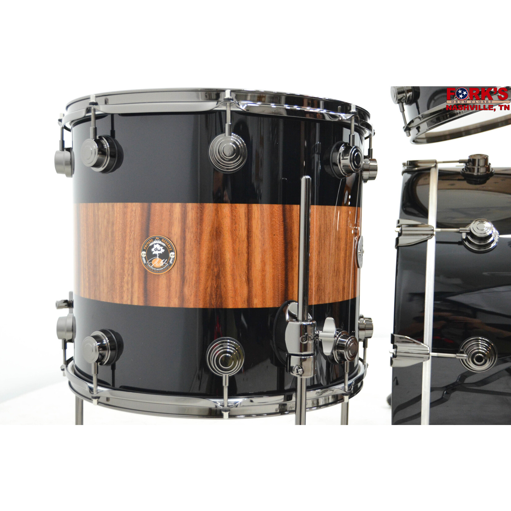 DW Pre-Owned DW Collector's Exotic 4pc Drum Kit - "Rally Stripe over Monkey Pod" w/ Black Nickel Hardware