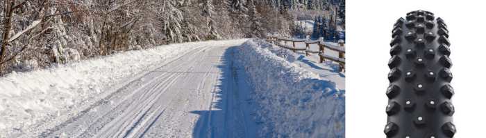 An Edmonton Bike Path with bike tire tracks through the snow
