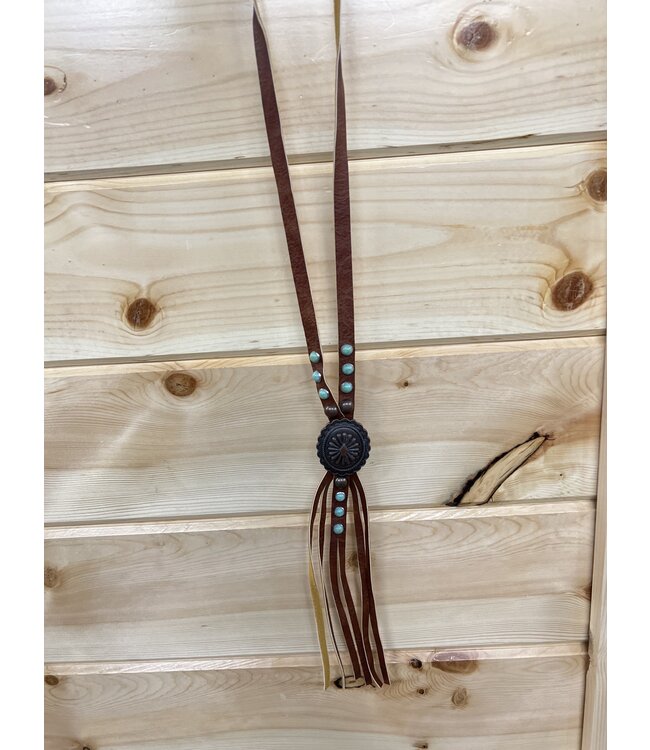 CROOKED FENCE LONG LEATHER CONCHO NECKLACE OVAL