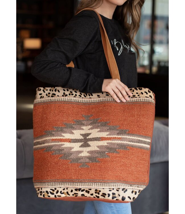 WOVEN AZTEC WITH LEOPARD TOTE BAG