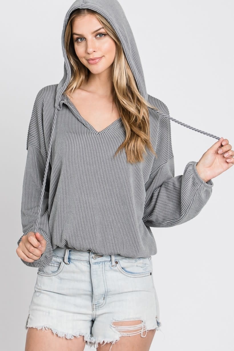 T-37852 V-NECK RIBBED CROPPED HOODIE 