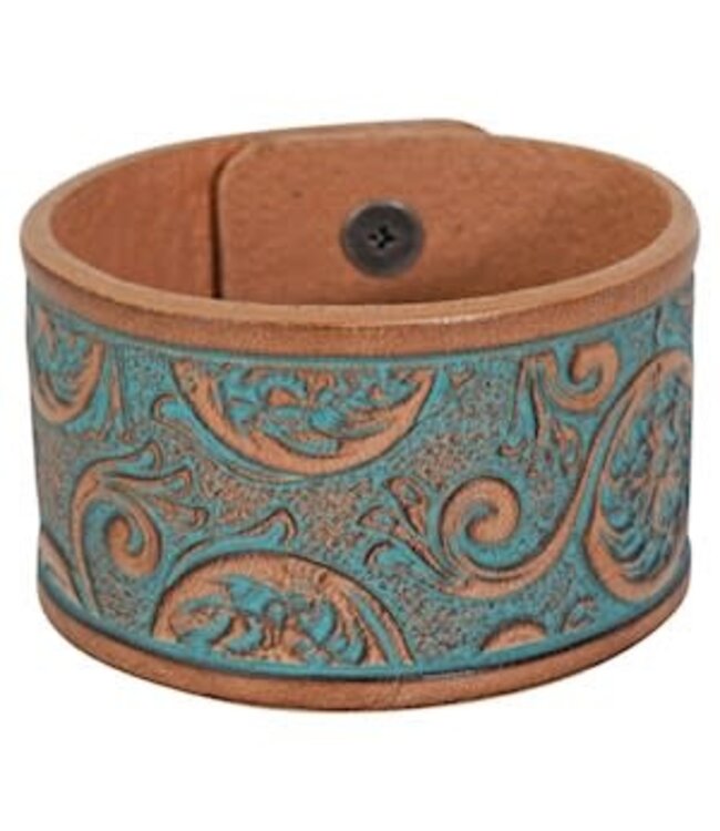 BRACELET SADDLE BROWN TOOLED LEATHER CUFF 2.25" WIDE