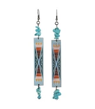 Justin EARRINGS LEATHER W/AZTEC PATTERN & TURQ NUGGETS