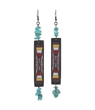 Justin EARRINGS LEATHER W/AZTEC PATTERN & TURQ NUGGETS