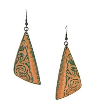 Justin EARRINGS TOOLED LEATHER TRIANGLES W/TURQ WASH