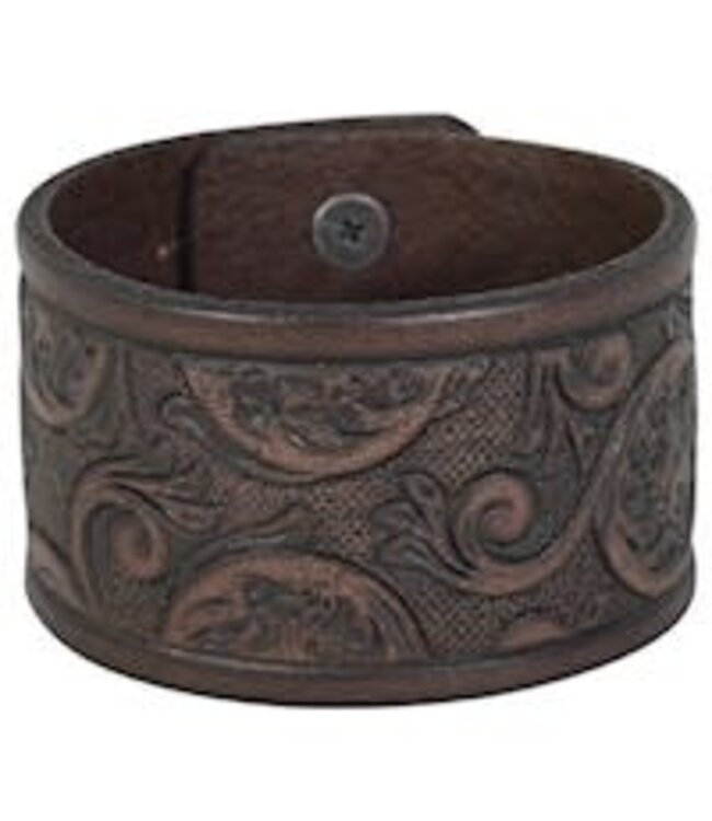 BRACELET BROWN TOOLED LEATHER CUFF 2.24" WIDE