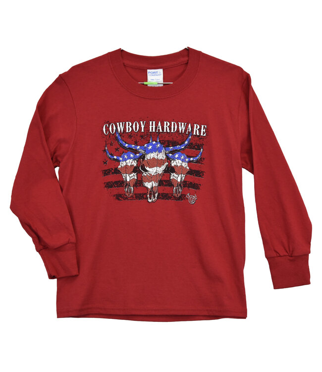 310336-200 COWBOY HARDWARE YOUTH TRIPLE FLAG SKULL L/S TEE RED
