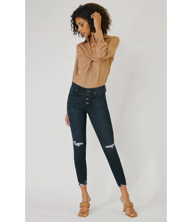 KC7156 KANCAN PENELOPE MID RISE EXPOSED BUTTON ANKLE SKINNY DARK WASH